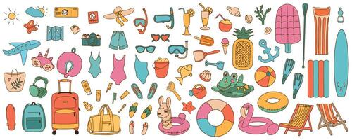 Set of cute summer beach and travel elements in doodle style. Bright colorful icons of elements for relaxation. illustration vector