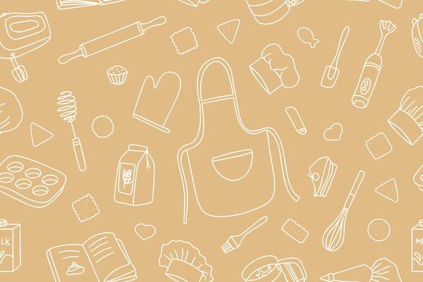 Seamless pattern of kitchen tool icons. Hand drawn kitchen equipment and baking in doodle style. illustration on light background for restaurant menu, recipe book and wallpaper.