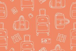 Seamless pattern of linear icons of accessories for leisure and travel. Suitcase, travel bag, backpack, passport, ticket, map, camera in doodle style. vector