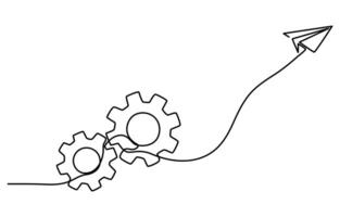 Gears wheels and paper plane in one continuous line drawing vector
