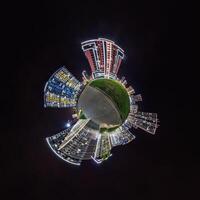 abstract swirling tiny planet spherical panorama of multi-storey buildings of skyscrapers of a residential complex in the form of a butterfly, bugs, crabs in night sky photo