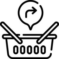 A black and white illustration of a shopping basket with a arrow pointing to it vector