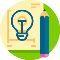 A pencil and a light bulb are on a paper with a blue background vector