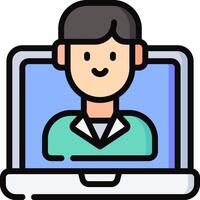 A man is sitting in front of a laptop screen vector