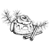 Hand drawn illustration of a cinnamon roll with icing, cinnamon sticks and pine branches. A cozy, festive composition perfect for Christmas projects and holiday themed designs. vector
