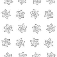 Merry Christmas treat, gingerbread snowflake with icing. hand drawn seamless pattern with ink. Symbol of winter mood. New Year sweetness for bakery packaging, printing, gifts and handicrafts. vector