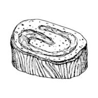 Black and white hand drawn illustration of a sweet roll with a twisted filling. Ideal for bakery design, recipe books, packaging, pastry shop menu design or food themed projects vector