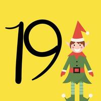 Christmas advent calendar with Christmas elf on yellow background. 19th of december day. flat illustration vector