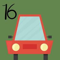 Christmas advent calendar with red car on green background. 16th of december day. flat illustration vector