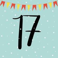 Christmas advent calendar with colorful flags and snowfall. 17th of december day. flat illustration vector