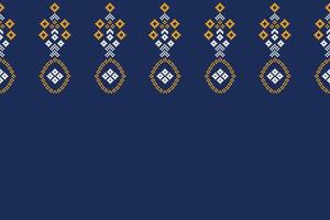 Ethnic pattern design of cross stitch decor and motif blue background color pattern pixel. vector