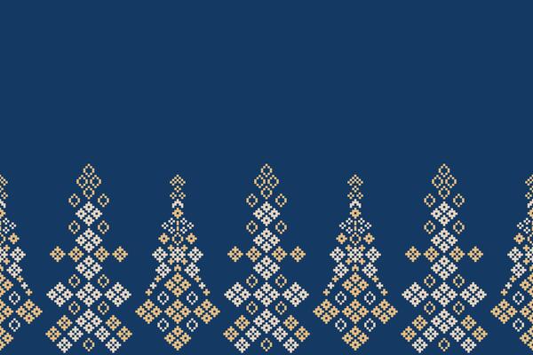 Ethnic pattern motif blue background cross stitch fabric pattern with ethnic pixel art.