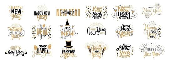 collection of happy new year 2025 unique text calligraphy design with golden and black colour, new year festival typography designs vector