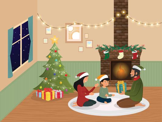 family celebrate in home cristmas festival cartoon cute happy illustration design