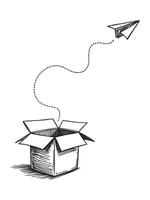 Paper airplane flying out of box, hand drawn line art illustration vector
