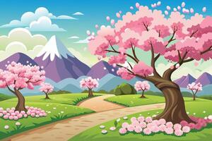 Peaceful Garden with Sakura Trees vector