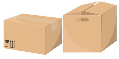 illustrations of craft-style cardboard boxes for delivery, shown in front and side views for a realistic presentation. vector
