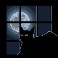 A cat sitting at window with the view of full moon vector