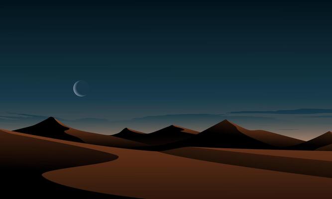Night view in desert with crescent moon