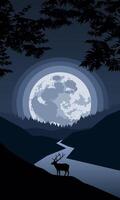 Fantasy night landscape. Silhouette of an elk on the cliff with river and full moon in the background vector