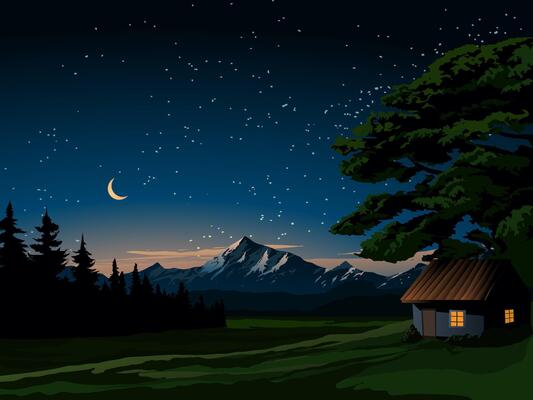 Countryside night scenery with moon and stars