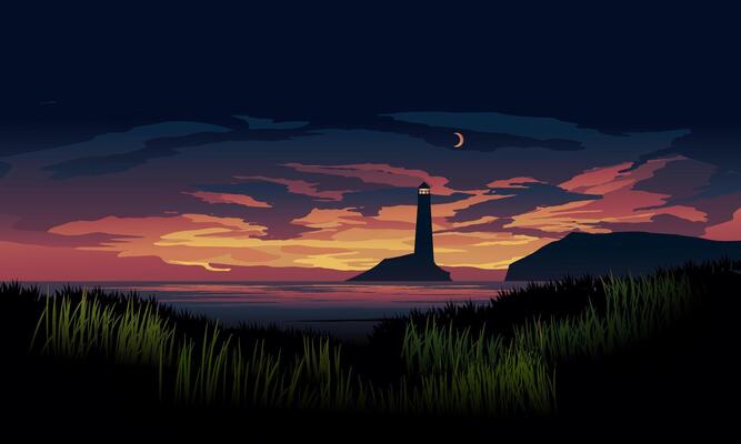 Dramatic ocean sunset scenery with lighthouse