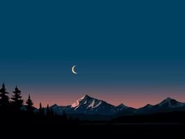 Calm mountain night background with crescent moon and pine trees silhouette vector