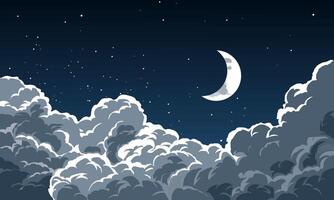 Starry sky illustration with crescent moon over the clouds vector