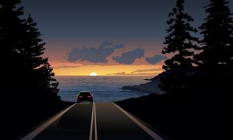 Sunset scenery with view of sea and a car on the road vector