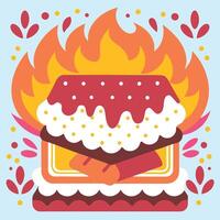 A cartoon illustration of a cake with a fire vector