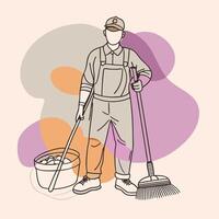 A man in overalls with a broom and bucket vector