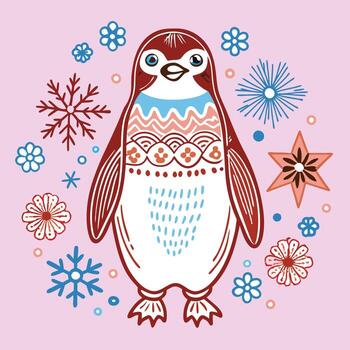 un pingüino con un estampado Saco y copos de nieve vector