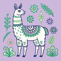 Illustration of a llama with flowers and leaves vector