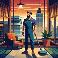 A man in overalls is sweeping the floor in front of a window vector