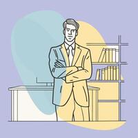 Businessman standing in front of bookshelf with books and bookshelves vector