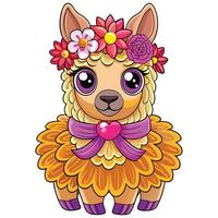 Cute llama with flowers vector