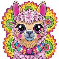 Illustrated llama with colorful flowers and a bow vector