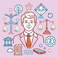 A man in a suit surrounded by icons of justice vector
