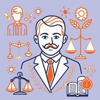 A man with a mustache and a tie is surrounded by icons vector