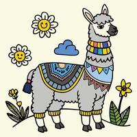 Illustration of a llama with flowers and a colorful background vector