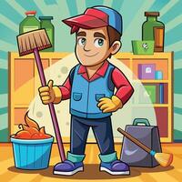 A cartoon man holding a broom and a bucket vector