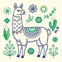 Illustration of llama with flowers and plants vector