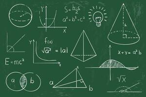 Math geometry graph and shapes on blackboard background. Set science doodle hand drawn sketch elements. Study theory formula, calculations. vector