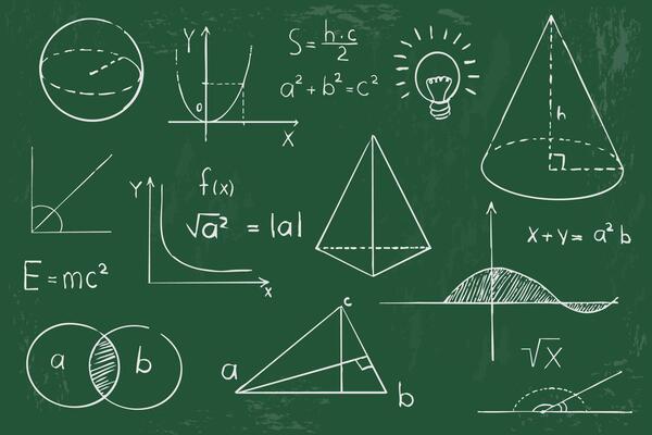 Math geometry graph and shapes on blackboard background. Set science doodle hand drawn sketch elements. Study theory formula, calculations.