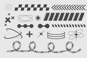 Y2k geometric elements border set, heart with flame, barbed wire, grid pattern. Groovy cyber retro design elements. vector