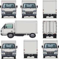 Front and rear side views of a realistic advertisement mockup of a truck with a blank surface on a white background vector