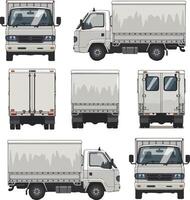 Realistic side view, front, and rear realistic advertising mockup of a truck with a blank surface on a white background vector