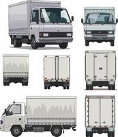 Realistic side-view, front, and rear realistic advertisement mockup of a truck with a blank surface on a white background vector