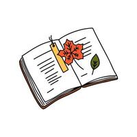 Orange maple leaf between the pages of an open book. Brown book with falling leaves. Autumn cozy illustration in doodle style. Hello autumn. Hand drawn illustration isolated on white background. vector