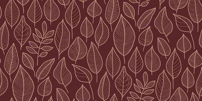 Seamless leaf pattern with fine line art on a rich brown background. Ideal for textiles, wallpapers, gift wrap, branding, digital backgrounds, or eco-friendly product designs. vector